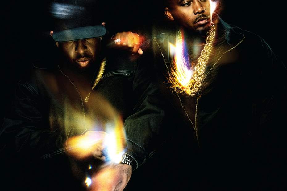 Album cover of Nas & DJ Premier's "Light-Years" showing both musicians shining in gold against a pitch-black background.