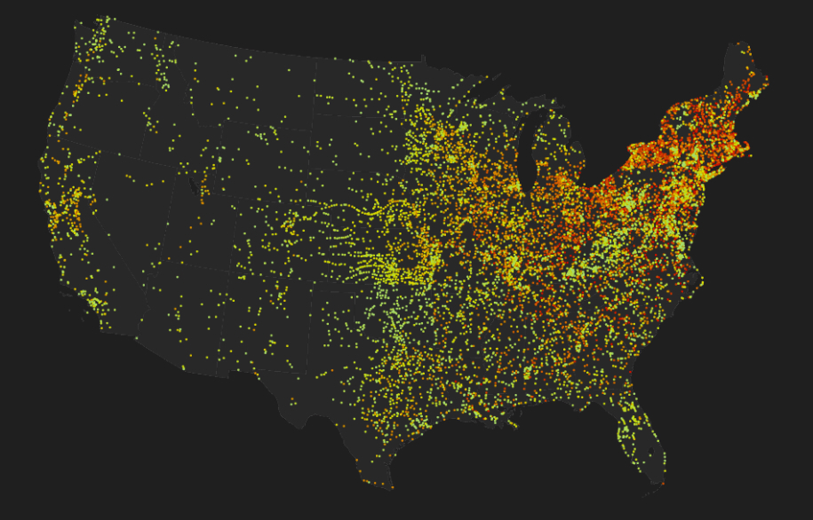 GIS rendering of the United States that seems to depict population centers by light concentration.